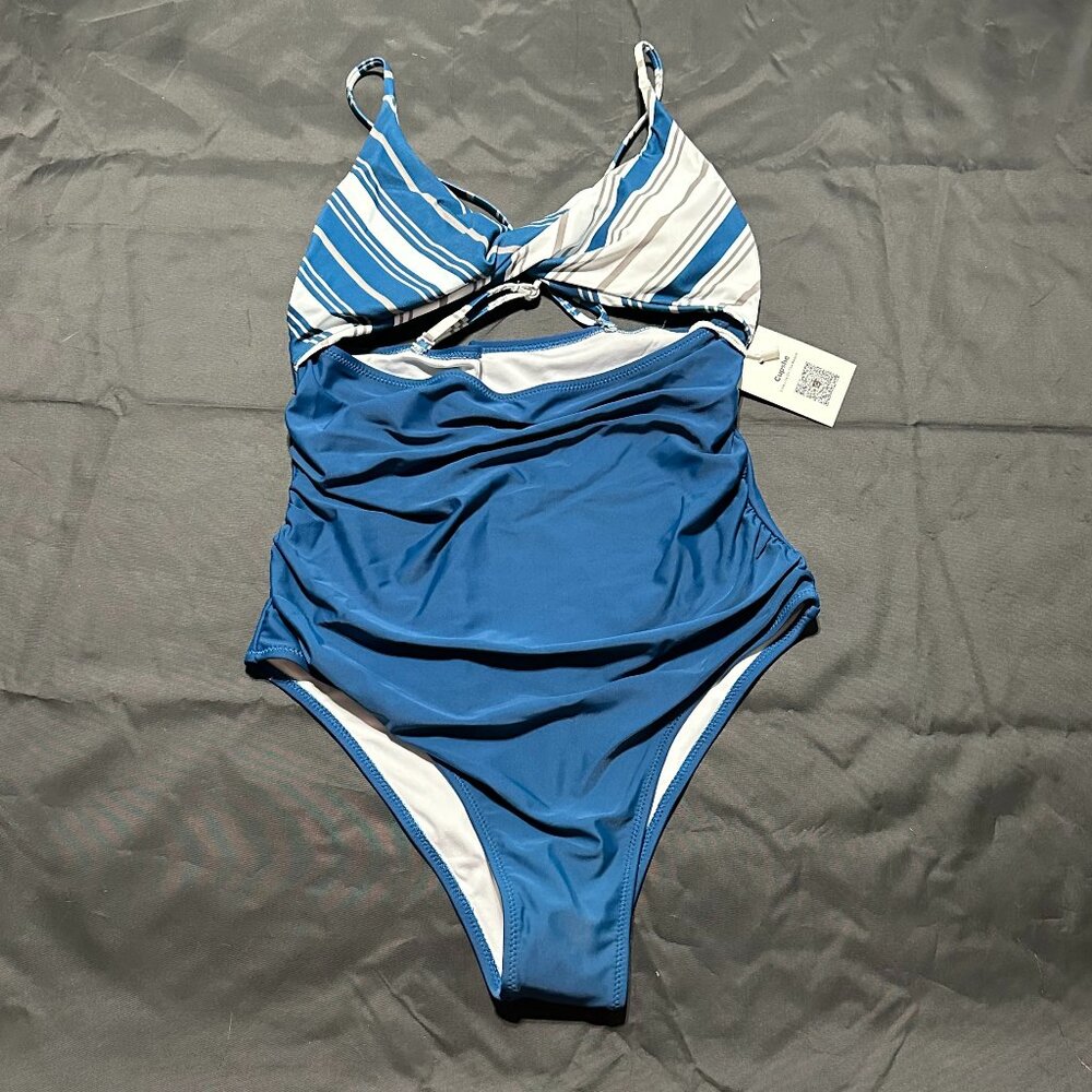 NWT Cupshe Blue/White Striped Cutout Bathing Suit One Piece Size M